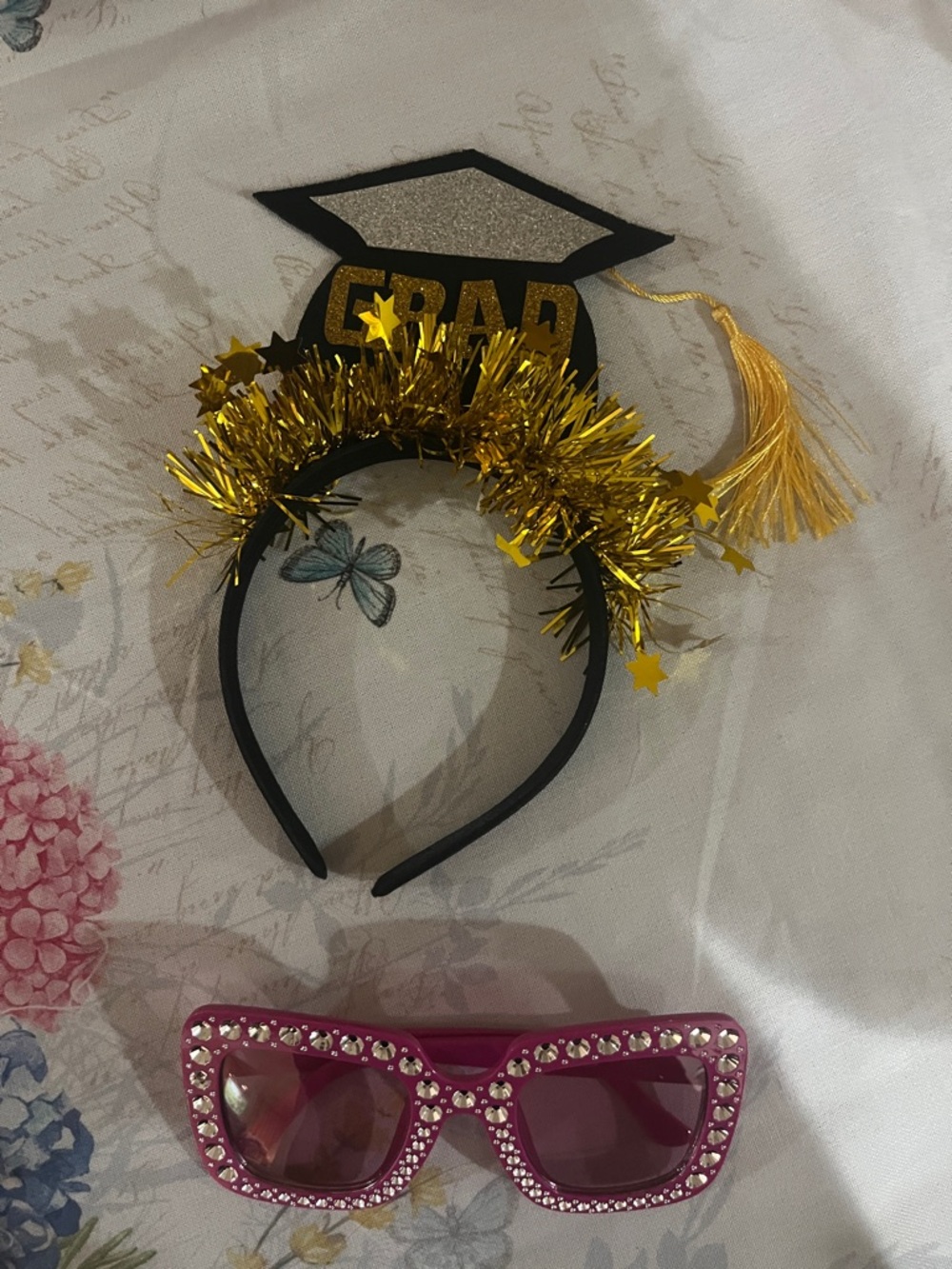 Gold Graduation Headband with Large bright pink glasses